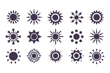 Sun silhouette icon set. Collection of simple vector sun shapes and graphic elements isolated on a white background.