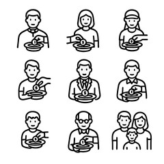 Fototapeta premium Offering Plate Participants. Outline icon set of offering plate participants: priest, congregation, volunteer, donor, usher,