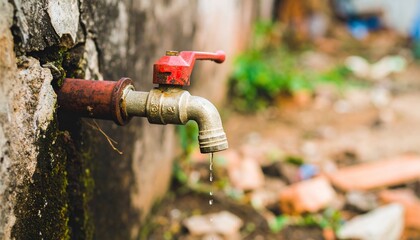 Dripping Water Faucet Against Weathered Stone Wall