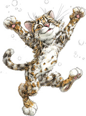 Playful snow leopard cub with spots dancing and reaching upwards