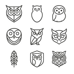 Owl and Wolf Icons. Outline icon set of decorative owl designs: geometric owl face, stylized owl silhouette, minimal owl icon,