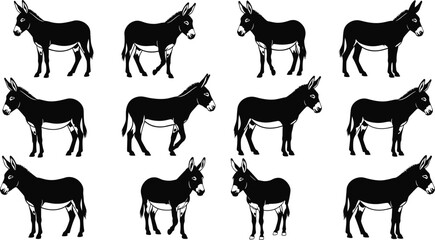 Black silhouette donkey collection, farm animal vector illustration, side view donkey pose, domestic working animal, rural livestock design set


