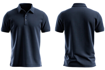 Front and back view of a navy blue polo shirt