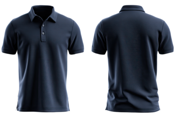 Front and back view of a navy blue polo shirt