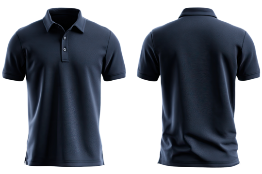 Front and back view of a navy blue polo shirt