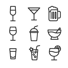Outline Party Drinks Icons. Outline icon set of party drinks: champagne flute, cocktail glass, beer mug, wine glass, soda cup,