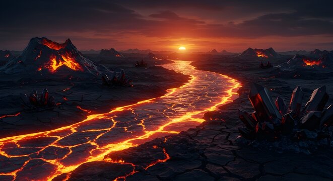 Molten Obsidian River with Crystal Shores, Volcanic Apocalypse