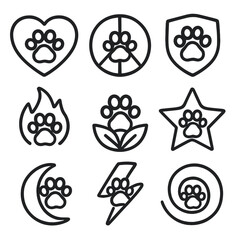 Paw Symbol Icons. Outline icon set of paw symbols: paw heart, paw peace sign, paw shield, paw fire, paw leaf, paw star, paw moon,