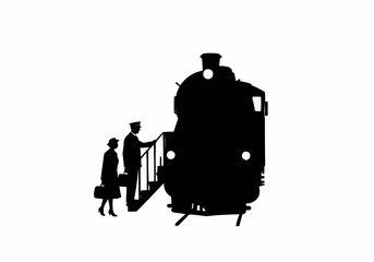Fototapeta premium Silhouette of a woman and train conductor boarding a steam train on a white background image