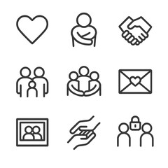 Emotional Bonds Icons. Outline icon set of emotional bonds: heart, hug, linked hands, family group, friendship circle, love letter