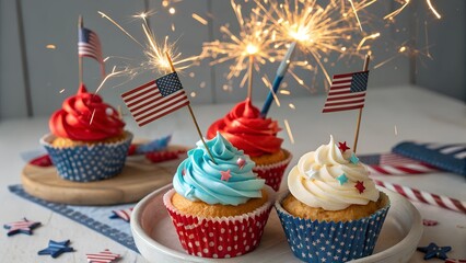 Festive cupcakes with sparklers and patriotic decoration for holiday celebrations