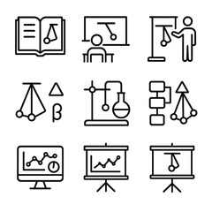 Pendulum Physics Icons. Outline icon set of pendulum swing educational icons: physics textbook, classroom setup, student