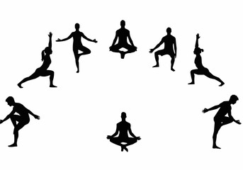 Obraz premium Silhouette yoga poses arranged in a circle on a white background showcasing balance and flexibility