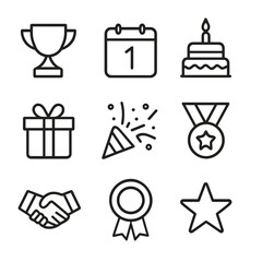 Corporate Anniversary Icons. Outline icon set of corporate anniversary: trophy, calendar, cake, gift box, confetti, medal,