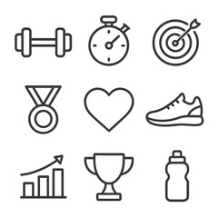 Fitness Icon Set. Outline icon set of fitness goals and achievements: dumbbell, stopwatch, target, medal,