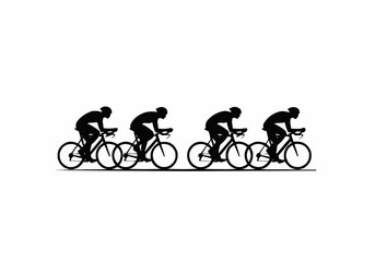 Obraz premium Silhouette of four cyclists riding bicycles in a row on a white background in a simple vector art
