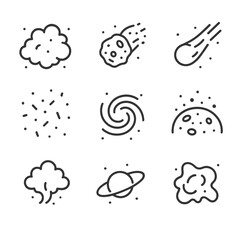 Cosmic Dust Icon Set. Outline icon set of cosmic dust: space dust cloud, asteroid dust, comet dust tail, dust particles in space,