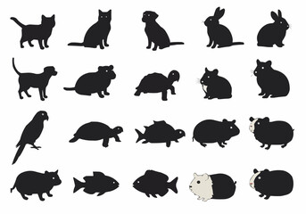 Collection of animal silhouettes including cats dogs rabbits turtles fish and guinea pigs shown