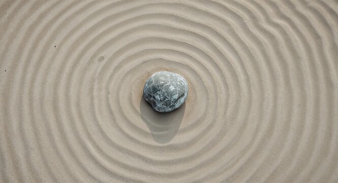 Serene Grey Stone at the Center of Raked Sand Ripples Evoking Tranquility and Meditation in a Zen Garden