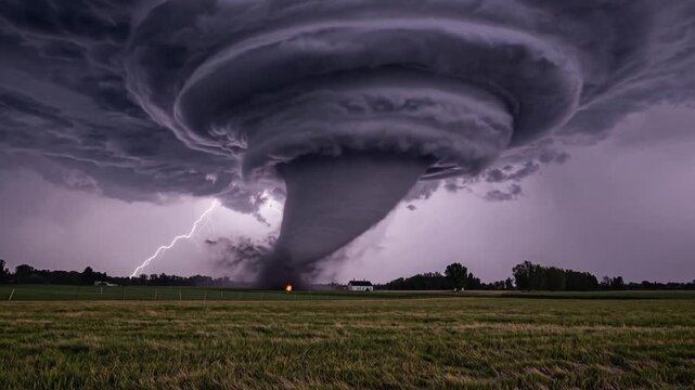 Dramatic supercell thunderstorm spawning a large and powerful tornado over a green field, with lightning illuminating the dark and ominous sky