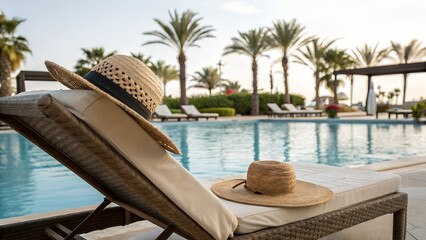Relaxing summer scene by the pool featuring a straw hat on a beige lounge chair