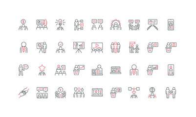 Collection of business meeting, teamwork, leadership, communication line icons for presentations, project management, and corporate strategy concepts isolated on white background vector illustration