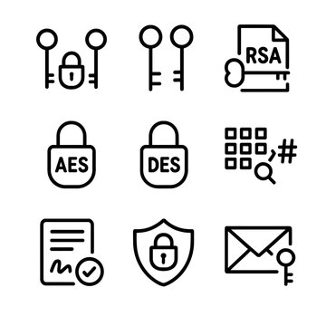 Encryption Icon Set. Outline icon set of encryption types: symmetric key, asymmetric key, RSA, AES, DES, hashing, digital