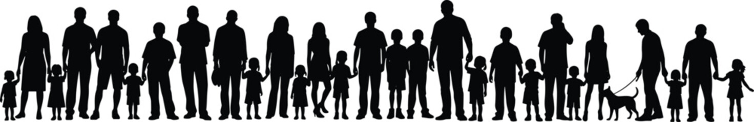 Large diverse family silhouette set, parents and children group, black vector people collection, multigenerational family illustration, togetherness concept design