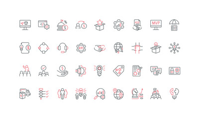 Collection of business venture icons including startup, finance, teamwork, innovation, strategy concepts, presentations, websites, and infographics isolated on white background vector illustration