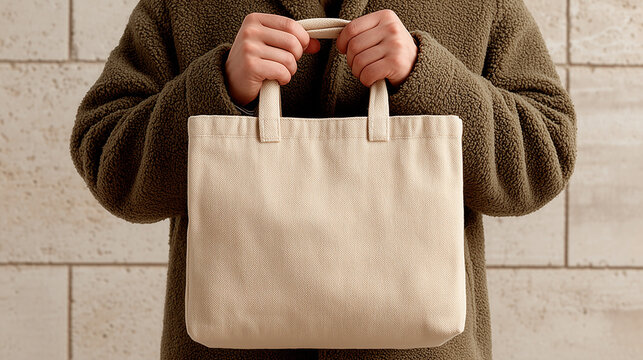 Artistic individual showcasing empty canvas tote bag against cream textured backdrop, evoking a sense of creative potential.