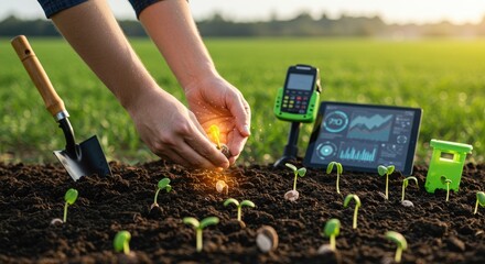 Person planting seed in soil with modern agricultural technology