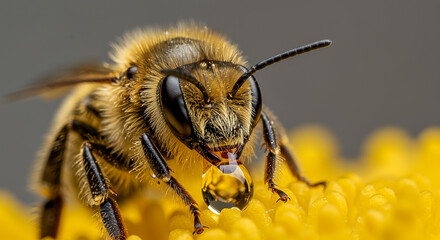 Extreme macro photograph of a honeybee drinking a golden drop of nectar from a bright yellow flower with a soft focus background © Gede