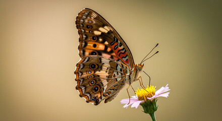 A beautiful brown and orange butterfly in profile, gathering nectar from a tiny flower against a soft, blurred natural background.