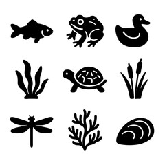Freshwater Ecosystem Icons. Solid, filled icons set of freshwater ecosystems: fish, frog, duck, water plant,