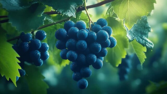 Grape cluster hanging on vine with fresh green leaf and morning dew, ripe blue fruit glowing in soft natural light, peaceful vineyard atmosphere showcasing natural freshness and beauty