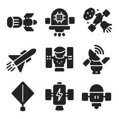 Futuristic Space Probe Icons. Solid, filled icons set of future space probes: nuclear propulsion, AI control,
