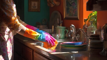 A person wearing bright, multicolored rubber gloves washes dishes in a sunlit kitchen, bringing a vibrant and cheerful mood to a daily chore