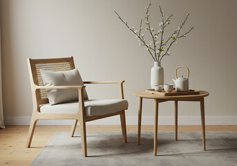 Chair and tea set on table in a bright room