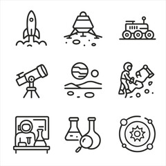 Fototapeta premium Cosmonaut Exploration Icons. Outline icon set of cosmonaut exploration: rocket launch, lunar landing, rover, space telescope,