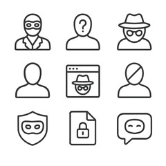 Privacy Icon Set. Outline icon set of privacy and anonymity: masked avatar, hidden identity silhouette, incognito hat and glasses,