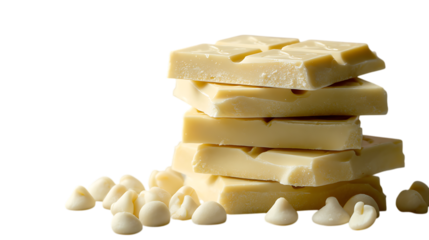 A stack of creamy white chocolate bars, with a few white chocolate chips scattered at the base, set against a soft, light gray backdrop.