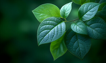 Obraz premium Lush Green Leaves Branch Closeup Dark Background