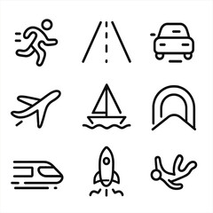 Escape Icon Set. Outline icon set of movement and escape: running figure, open road, car leaving, flying plane, sailboat, tunnel