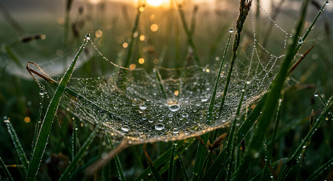 Dew drops on spiderweb morning light nature photography grass blades bokeh beautiful nature background 100