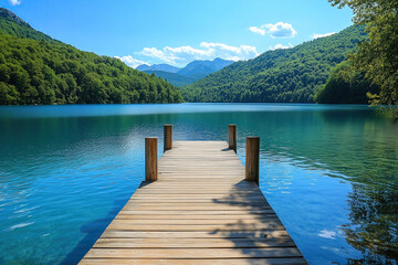 Fototapeta premium seascape with wooden dock over beautiful lake in a forest, wooden pier, green trees surrounding, blue sky background, photorealistic