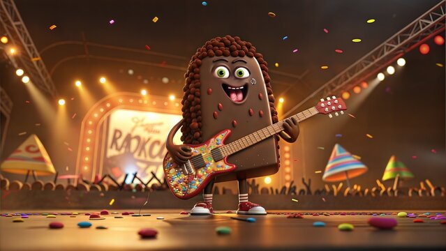 Rocko ice cream cartoon character playing guitar on stage with confetti