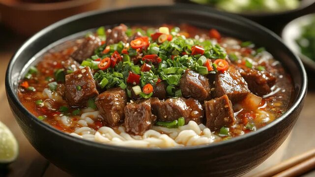 Spicy beef noodle soup with tender meat chunks fresh chopped green onions sliced red chili peppers served in black bowl creating warm flavorful Asian broth bowl meal experience