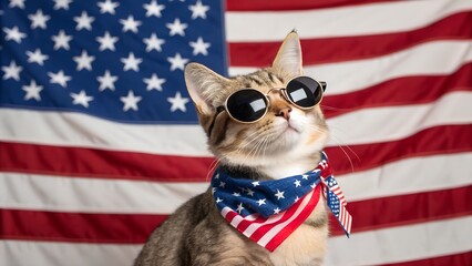 Cat wearing sunglasses and American flag bandana in front of American flag.