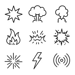 Explosive Icon Set. Outline icon set of cartoon explosions: starburst, boom cloud, smoke puff, fire sparks, impact crater, comic