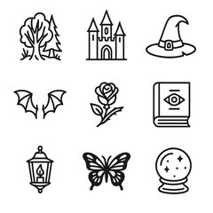 Gothic Fairy Icons. Outline icon set of gothic fairy tale elements: enchanted forest, gothic castle, witch hat
